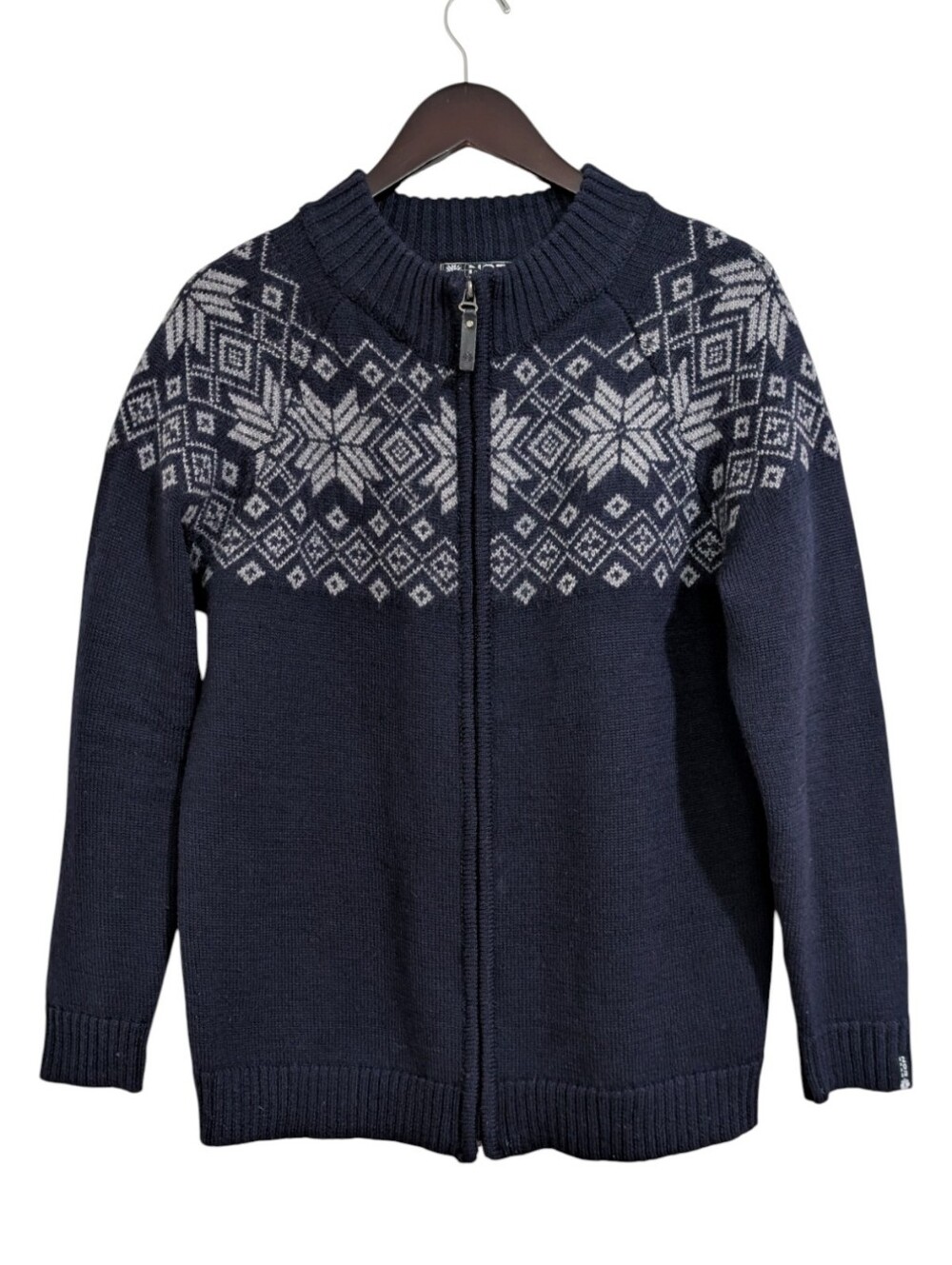 NORWEAR 100% Pure Wool Full Zip Sweater Medium Navy Nordic Fair Isle Iceland